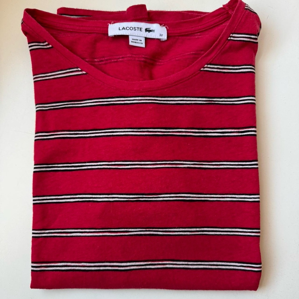Lacoste Red Tee with Black and White Stripes